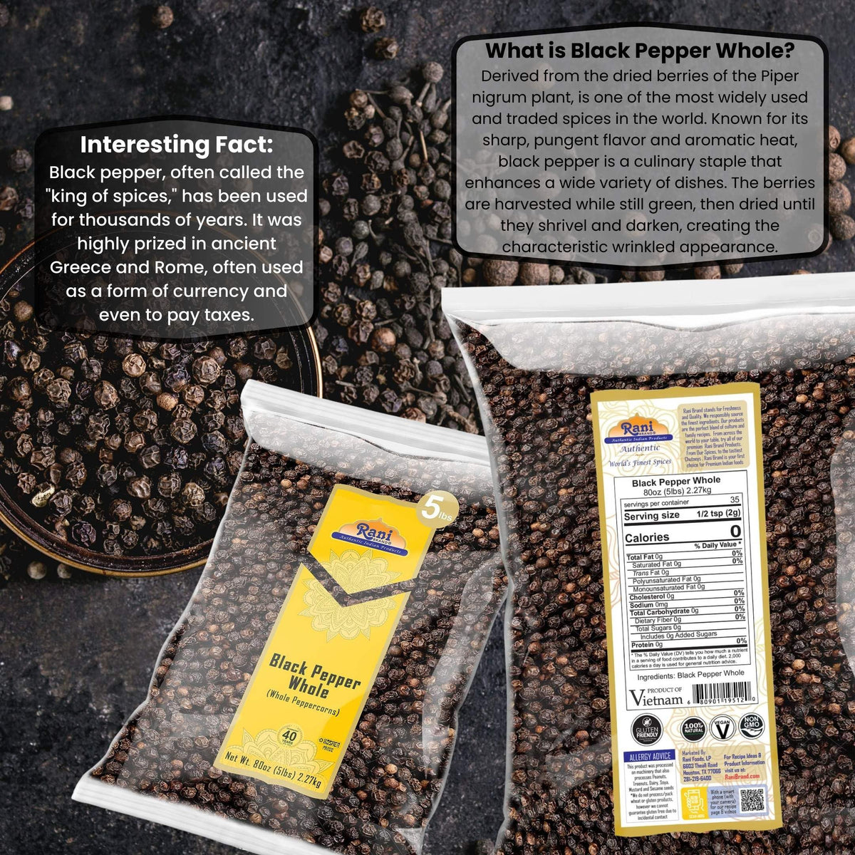 Rani Black Pepper Whole grinder-ready peppercorns for fast, fragrant seasoning