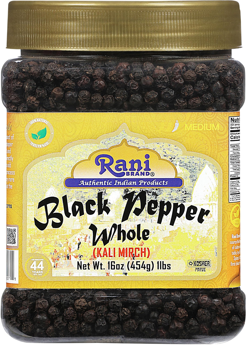 Rani Black Pepper Whole bottle front with MG-1 grade for fresh grinding