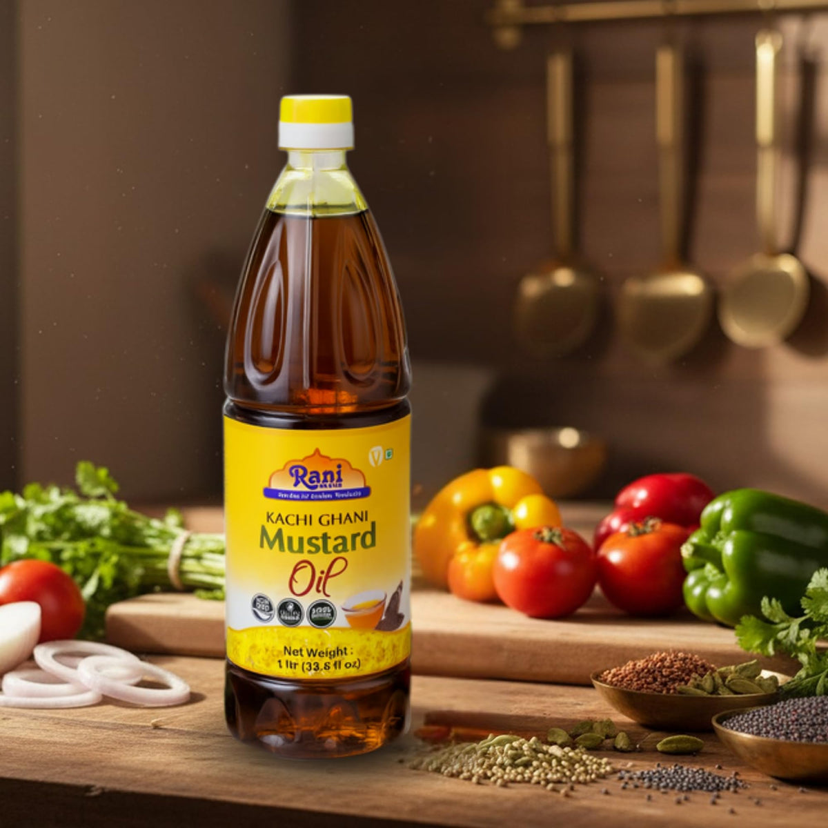 Rani Brand mustard oil packaging emphasizes natural, vegan, authentic Indian heritage.