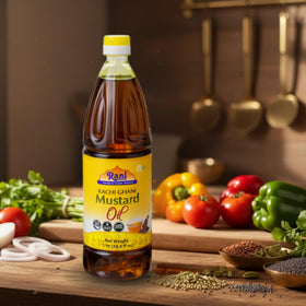 Rani Brand mustard oil packaging emphasizes natural, vegan, authentic Indian heritage.