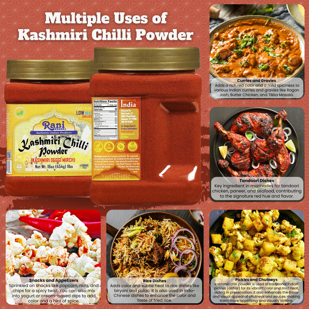 Rani Deggi Mirch ground spice delivers mild heat in sauces.