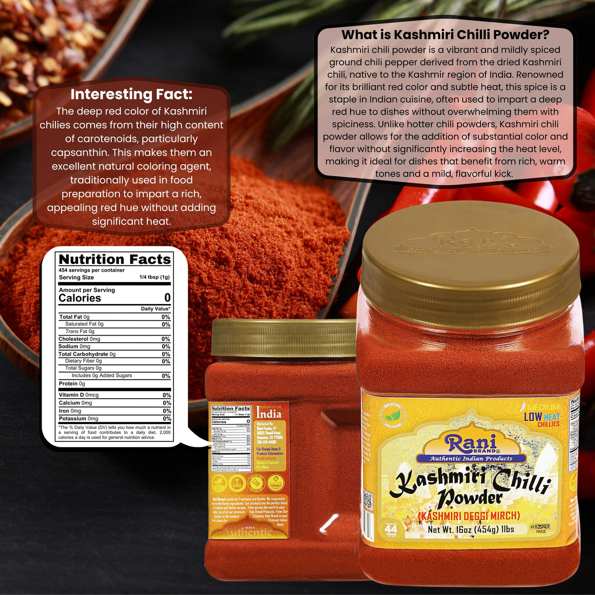 Rani Kashmiri Chilli Powder color highlights dishes with rich red hues.