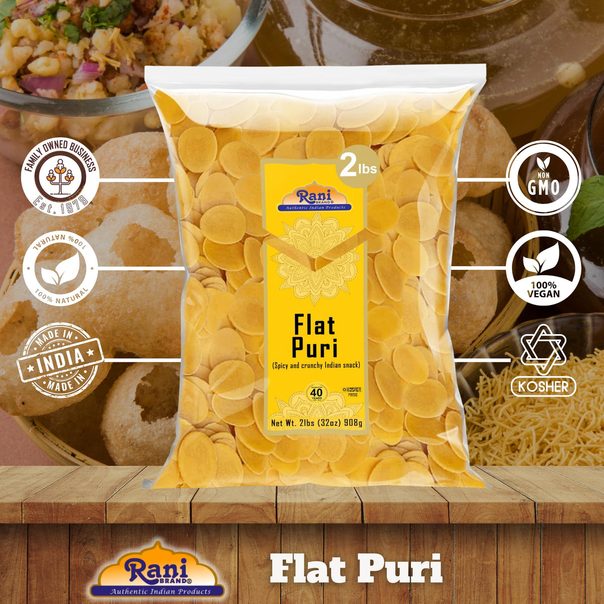 Rani Brand Pani Puri Coins wheat-semolina ingredients highlighted for authentic texture