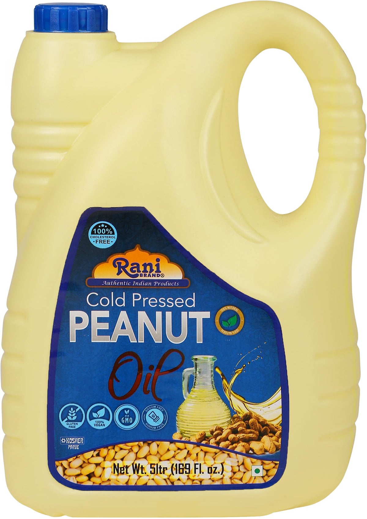 Rani Brand Peanut Oil 5-liter bottle on kitchen shelf for versatile cooking