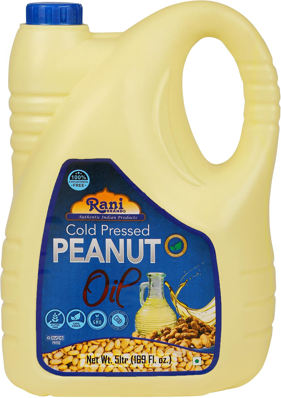 Rani Brand Peanut Oil 5-liter bottle on kitchen shelf for versatile cooking