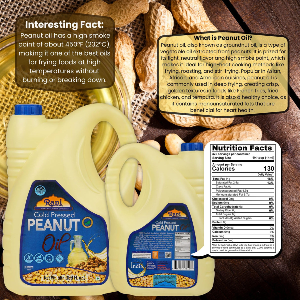 Rani Brand Peanut Oil ideal for deep-frying with high smoking point