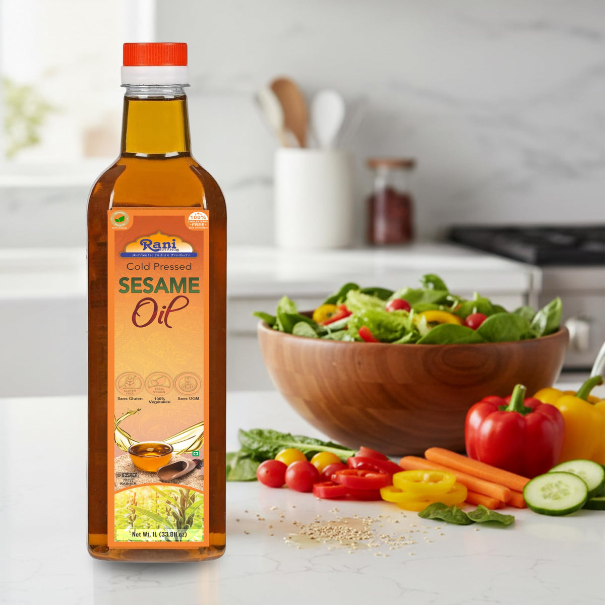 Rani Brand Sesame Oil label highlighting non-GMO and vegan attributes