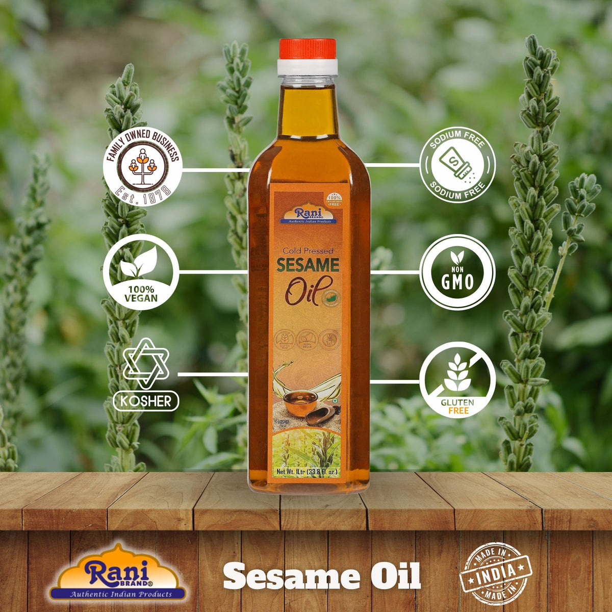 Rani Brand Sesame Oil bottle used in hair conditioning style