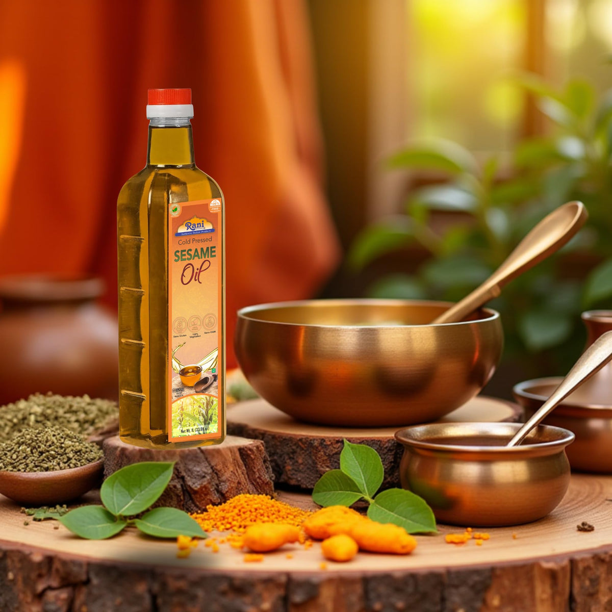 Rani Brand Sesame Oil on a kitchen shelf ready for use
