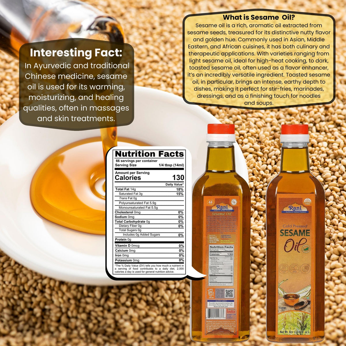 Rani Brand Sesame Oil shimmering in a pan with vegetables and steam