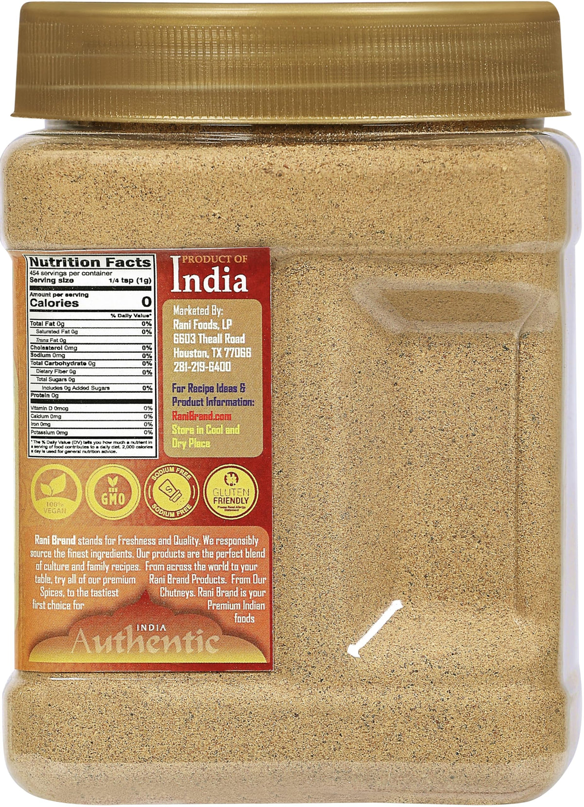 Rani bulk 16oz jar on kitchen counter for easy chai prep.