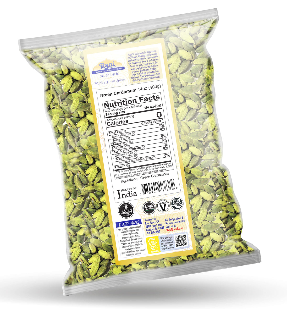 Rani cardamom pods with label, clear Kosher and natural notes.