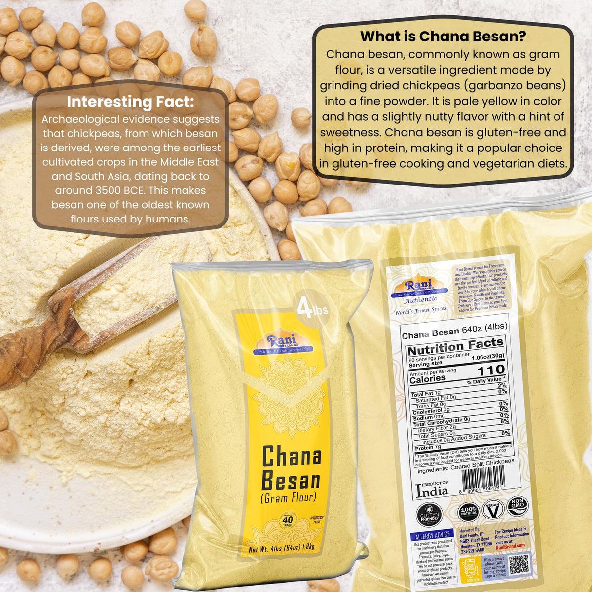 Rani Chana Besan bowl batter demonstrates ready-to-use flour for pancakes and fritters