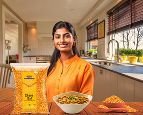 Rani Chana Dal stored in a kitchen canister for freshness.