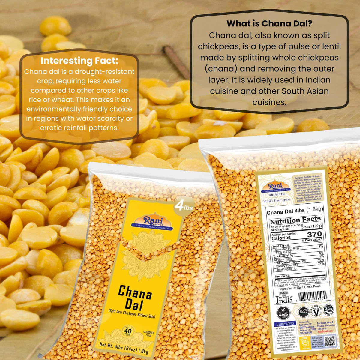 Rani Chana Dal on kitchen shelf beside spices for versatile meals.