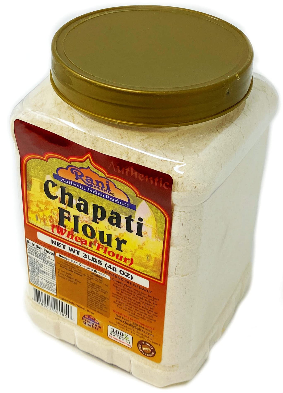 Rani Chapati Flour jar back label showing ingredients and origin