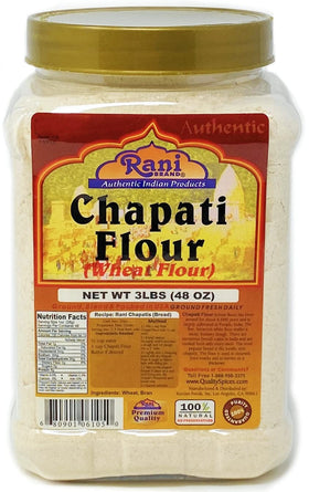 Rani Chapati Flour jar front label, pure whole wheat atta, ideal for roti