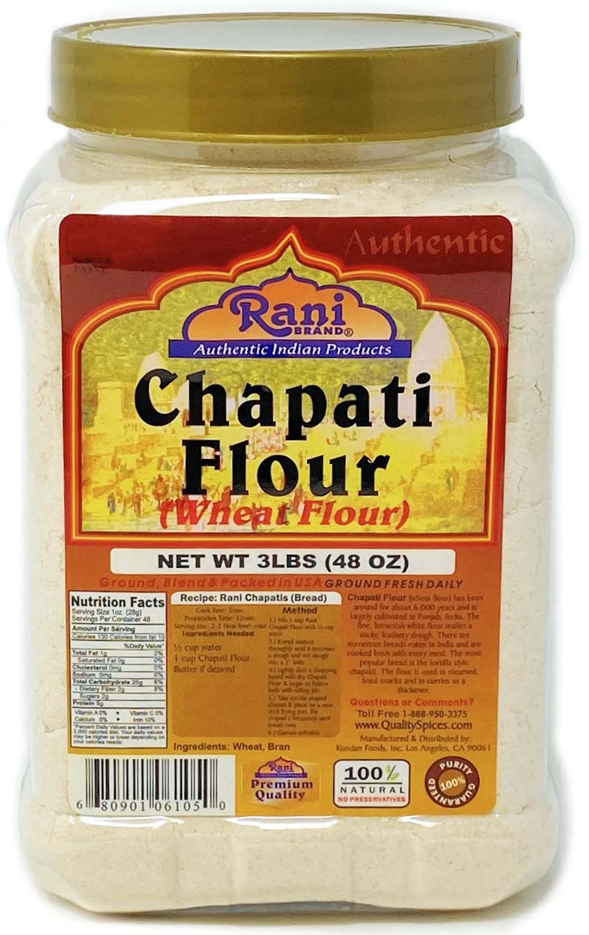 Rani Chapati Flour jar front label, pure whole wheat atta, ideal for roti
