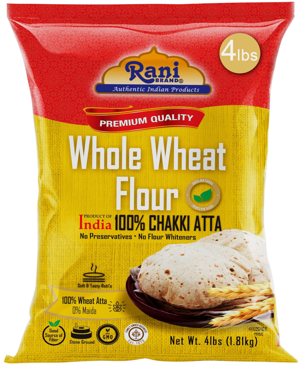 Rani Chapati Flour packaging shows a 64oz bulk bag for easy home baking.