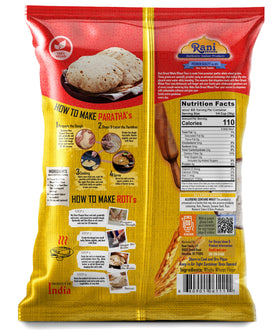 Rani Chapati Flour ingredients label highlights natural, non-GMO, and kosher features.