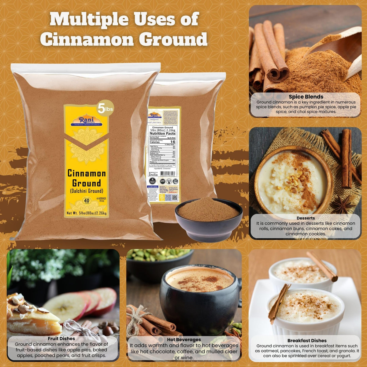 Rani cinnamon powder in bag packaging preserves natural flavor without additives.