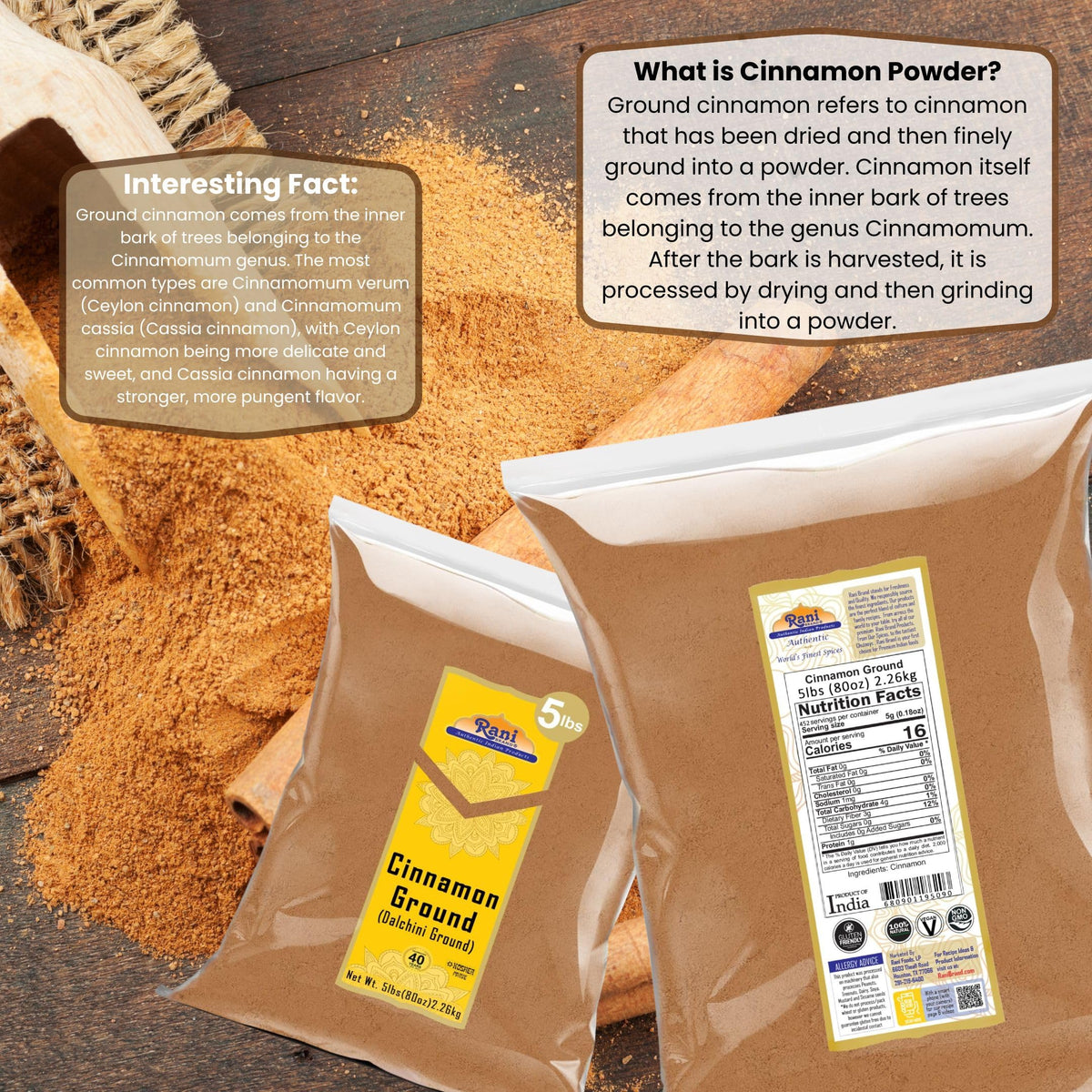 Rani cinnamon powder with measuring spoon, ready for precise seasoning.