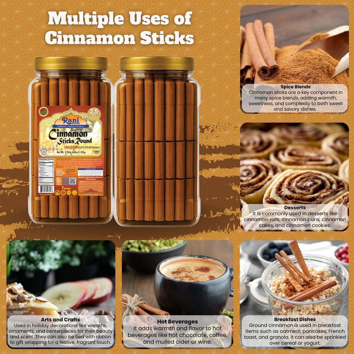 Rani Cinnamon Sticks with 3-inch length ideal for simmering and recipes