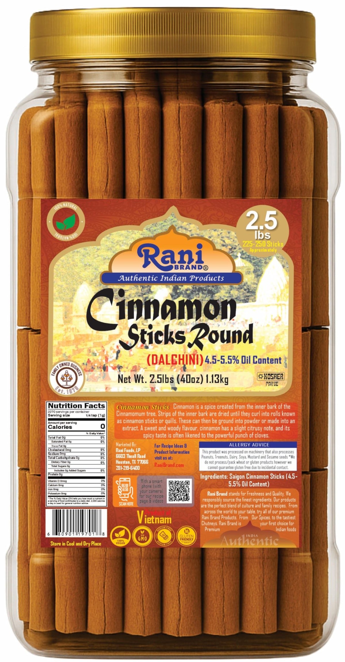 Rani Cinnamon Sticks 40oz jar showing bulk spice for baking and beverages