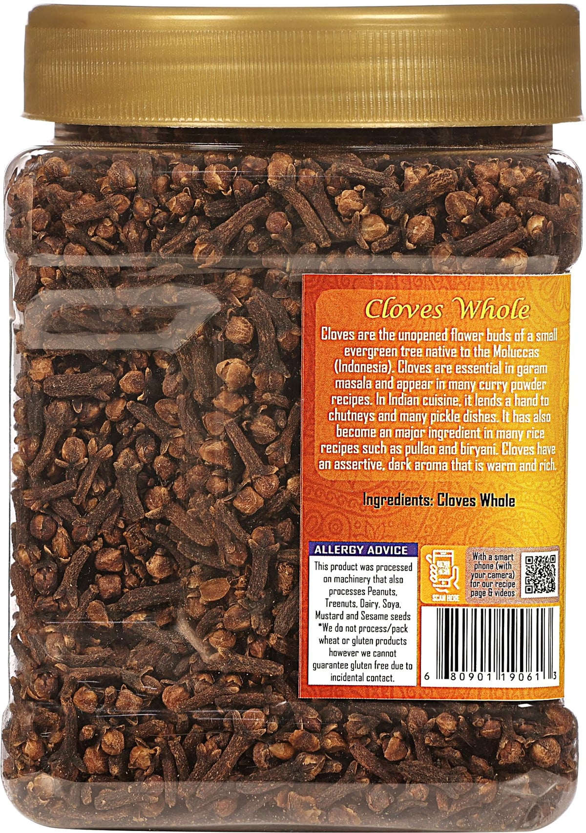 Rani Cloves Whole label signals all-natural, Kosher, vegan spice.