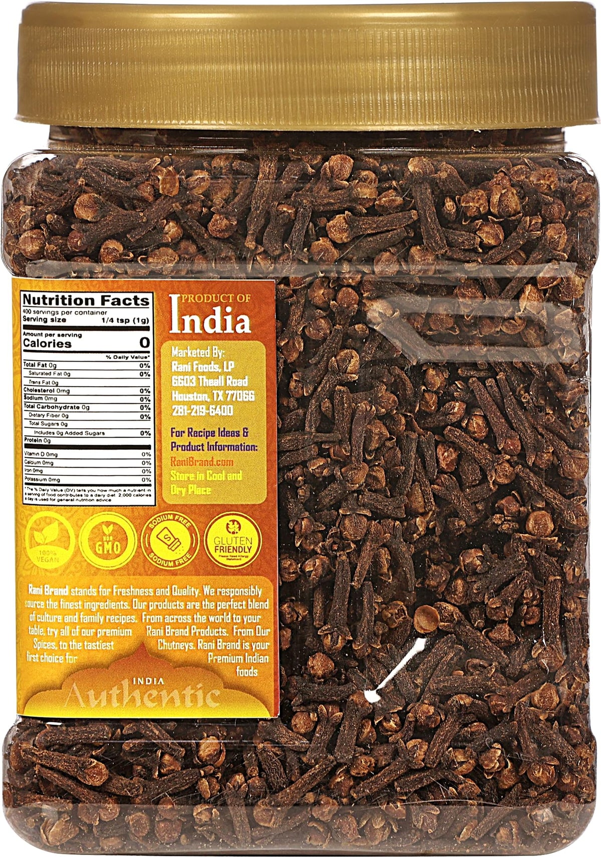 Rani Cloves Whole arranged on a spice rack highlighting quality and packaging.