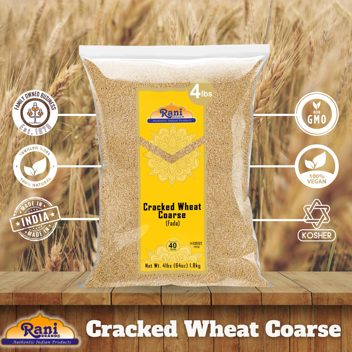 Rani cracked wheat coarse bulk pack shown in store display