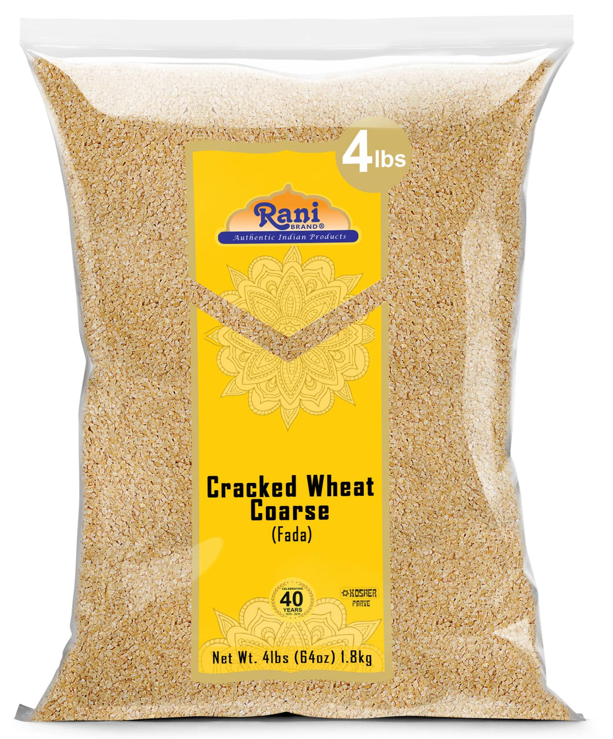 Rani cracked wheat coarse packaging on pantry shelf for bulk use