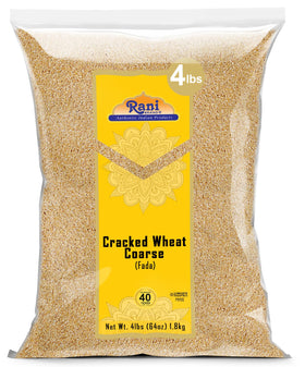 Rani cracked wheat coarse packaging on pantry shelf for bulk use