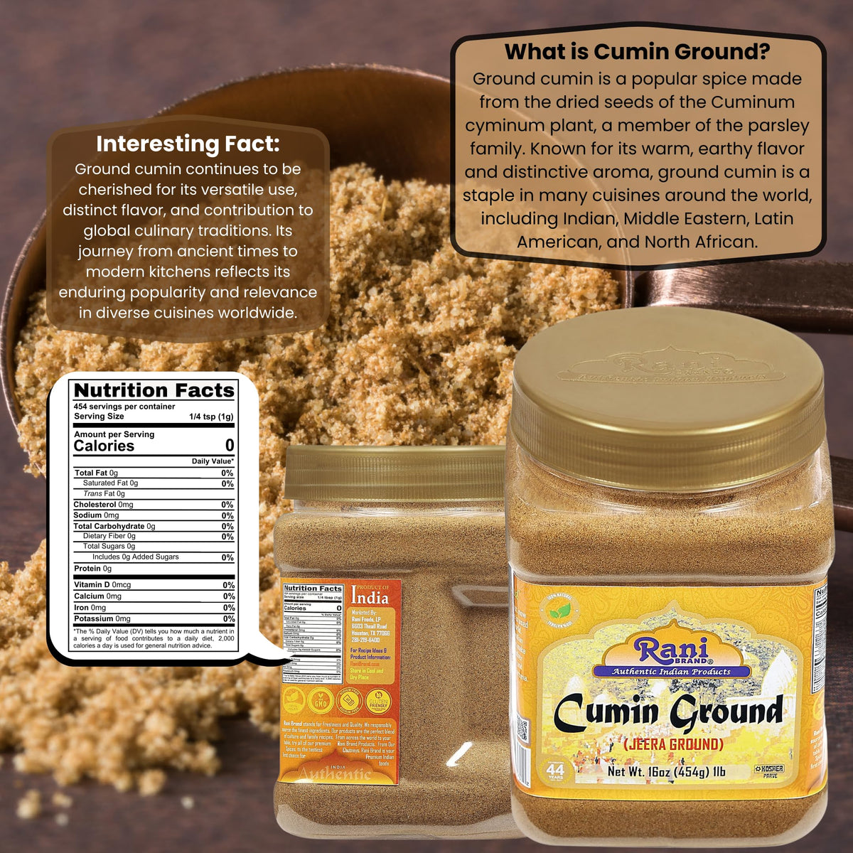 Rani Cumin Powder origin India front view highlights authentic packaging.
