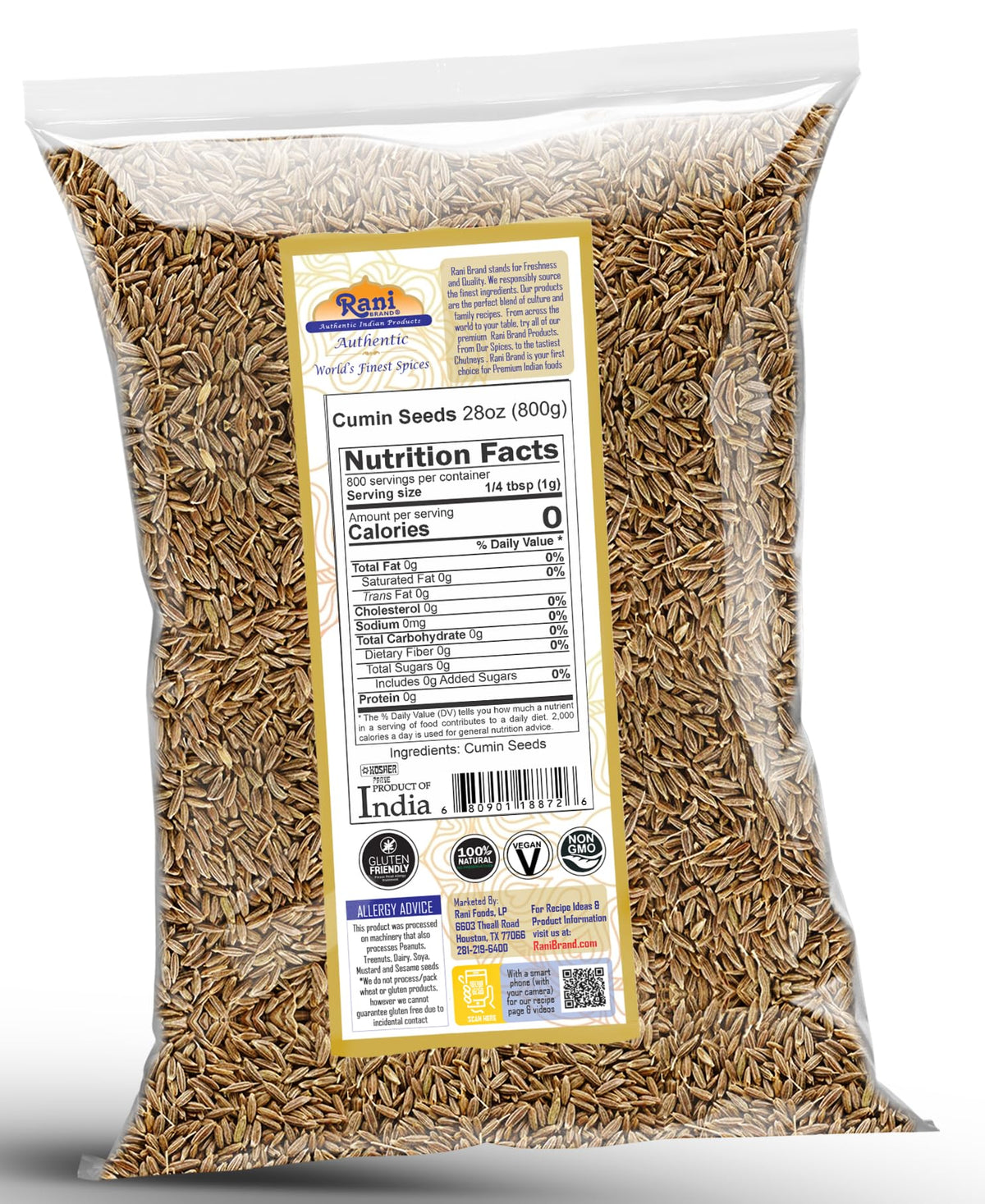 Rani Cumin seeds label shows kosher and vegan certifications for trust.