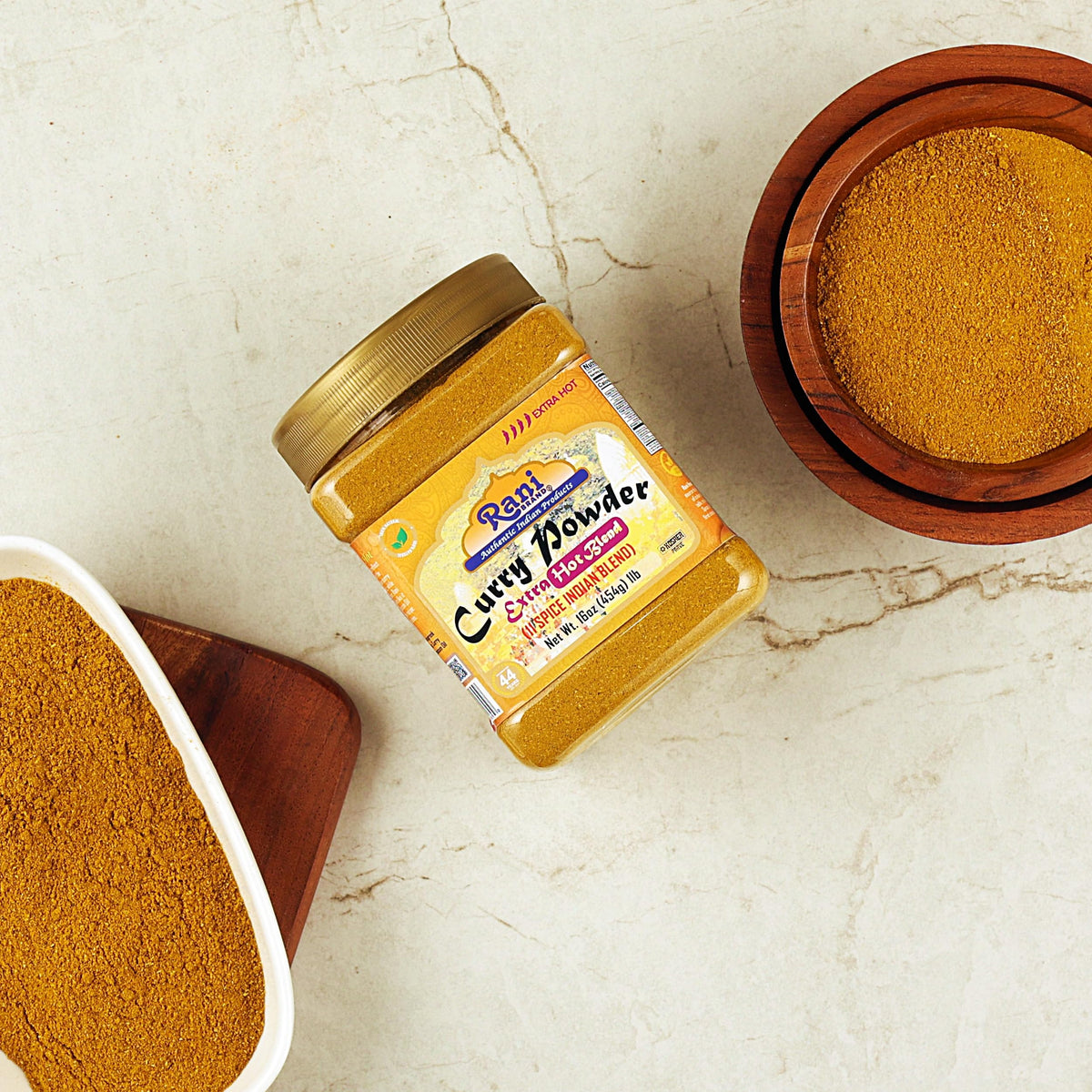 Rani Curry Powder Extra Hot jar back highlights salt-free, MSG-free quality.