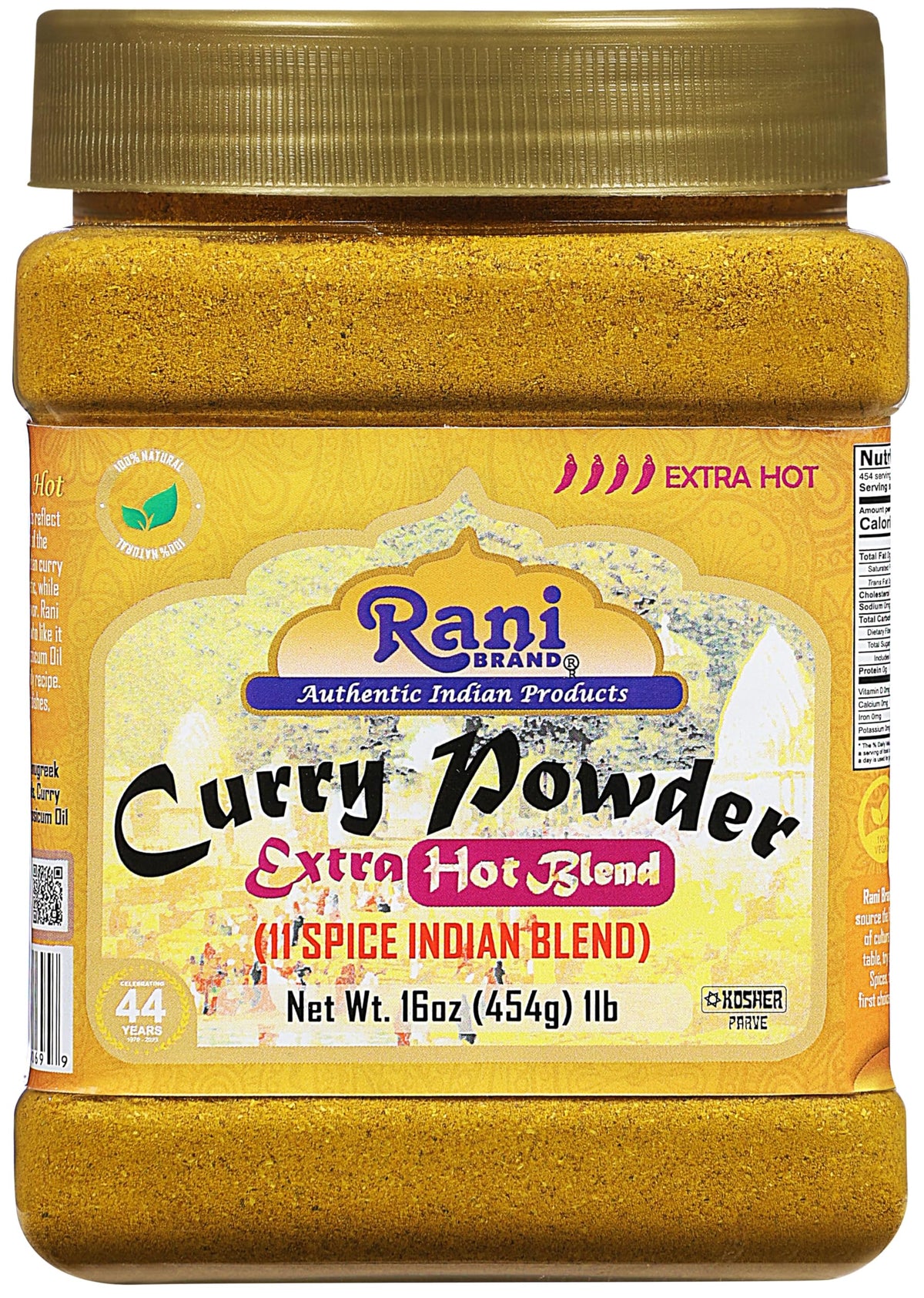 Rani Curry Powder Extra Hot jar front displays authentic Indian blend for bold curries.