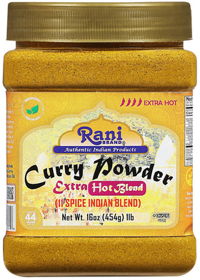 Rani Curry Powder Extra Hot jar front displays authentic Indian blend for bold curries.
