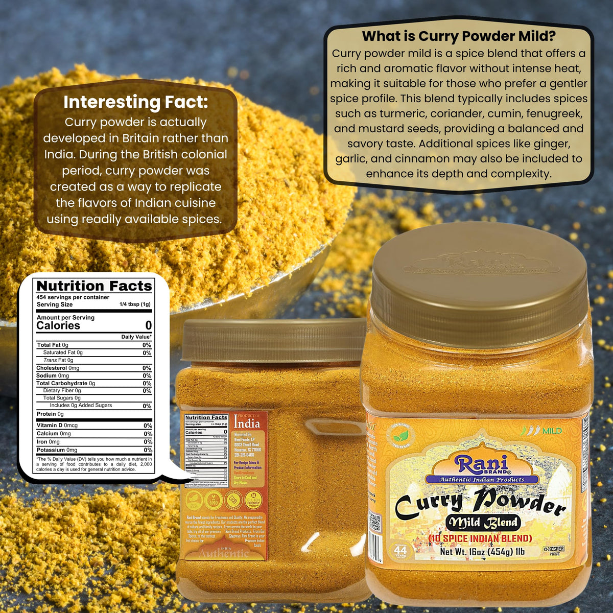 Rani Mild Curry Powder jar shows 100% natural, no preservatives.