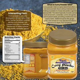 Rani Mild Curry Powder jar shows 100% natural, no preservatives.