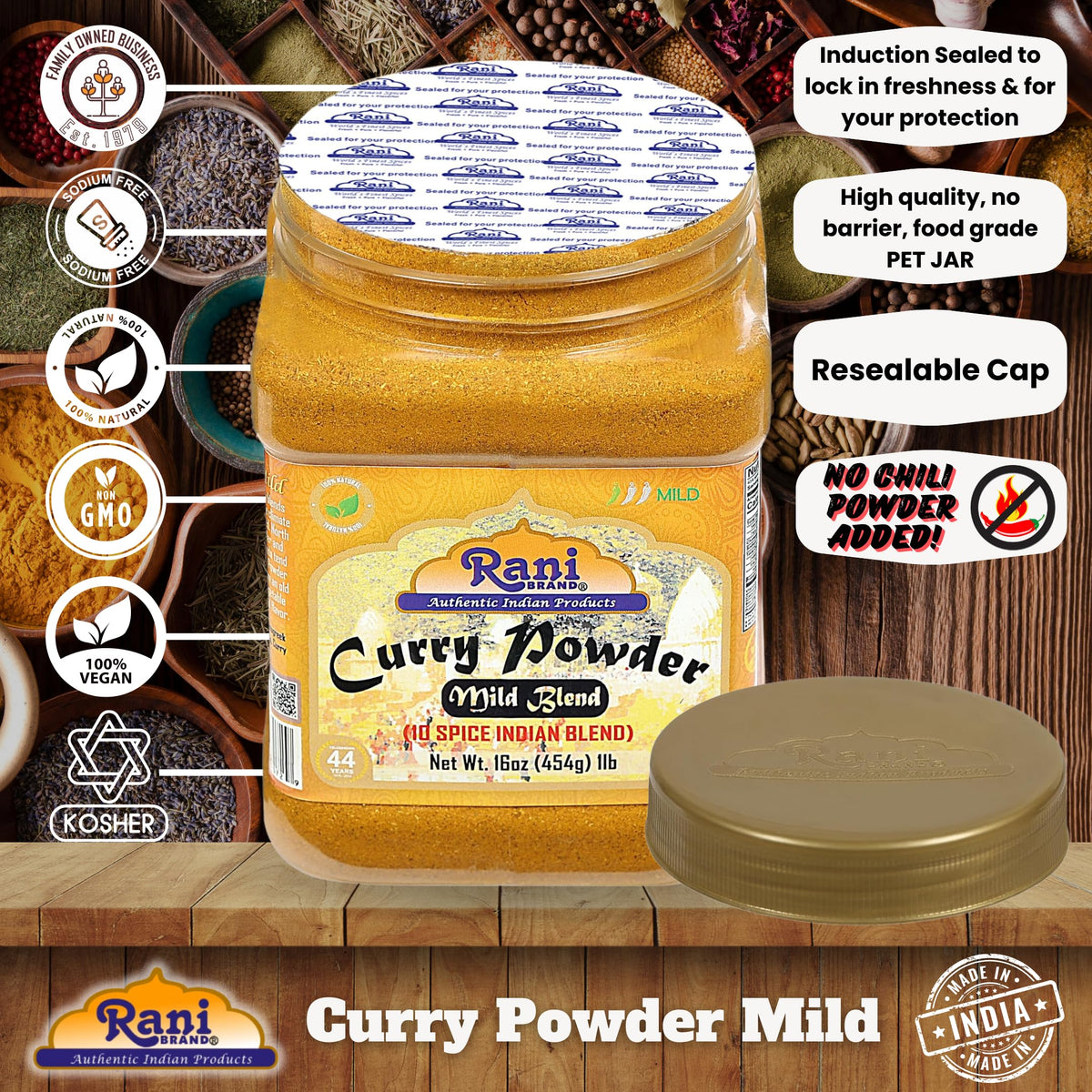 Rani Mild Curry Powder is vegan-friendly for plant-based meals.