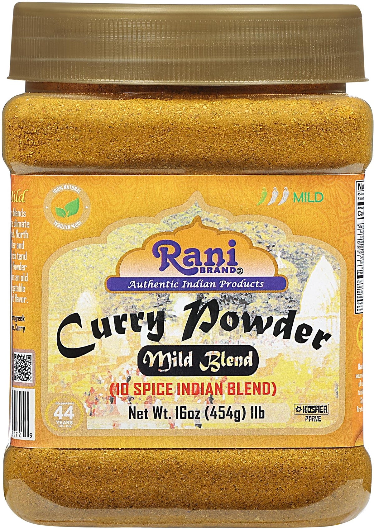 Rani Curry Powder Mild jar front view showcasing authentic 10-spice blend for versatile Indian cooking.