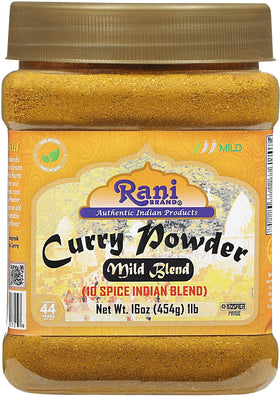 Rani Curry Powder Mild jar front view showcasing authentic 10-spice blend for versatile Indian cooking.