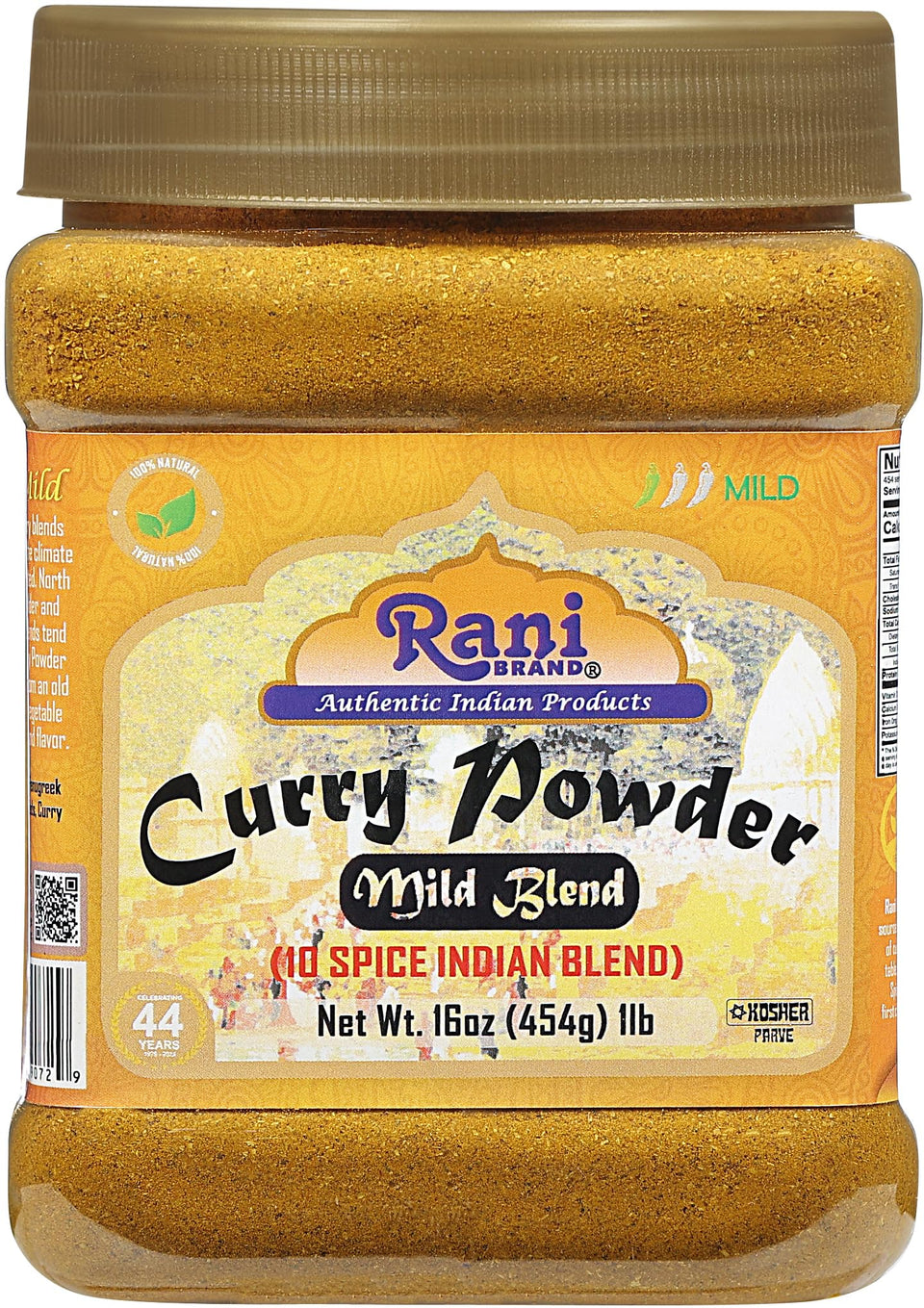 Rani Curry Powder Mild jar front view showcasing authentic 10-spice blend for versatile Indian cooking.