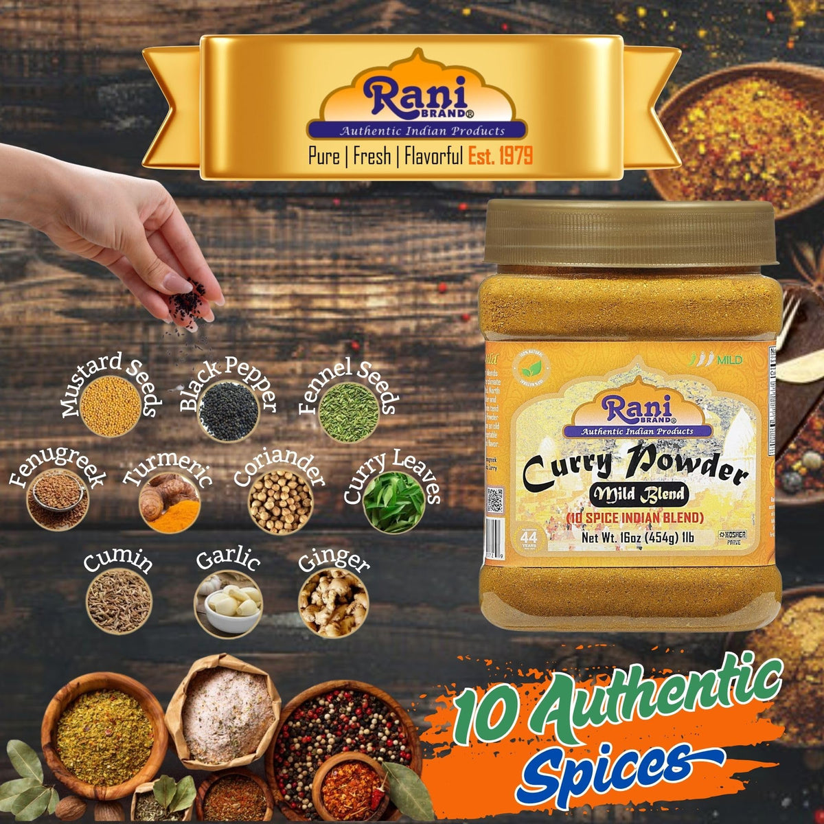 Rani Curry Powder Mild poured into spoon showing fine texture for easy measuring.