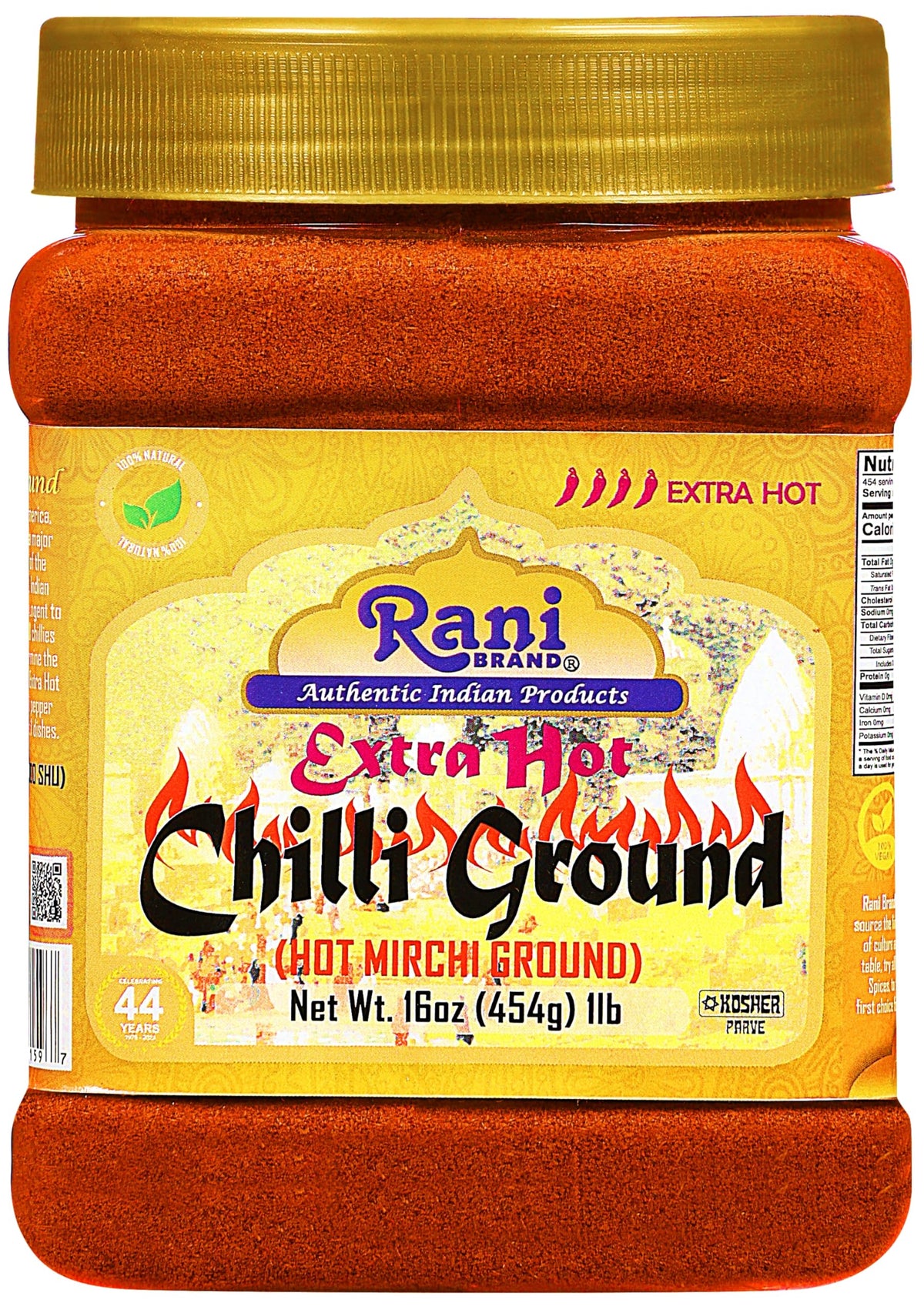Rani Extra Hot Chilli Powder jar front view for authentic Indian heat.