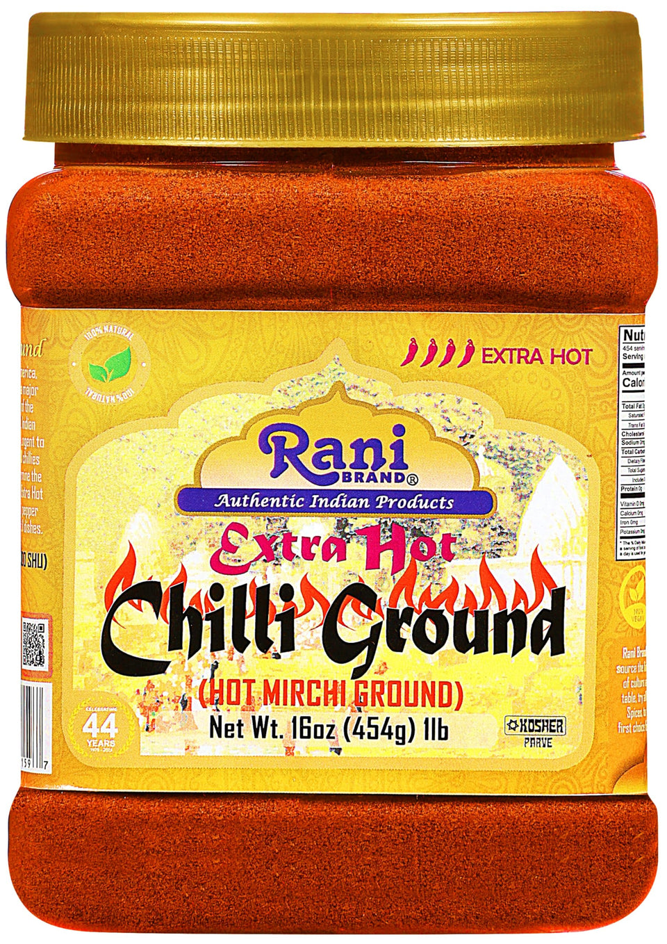 Rani Extra Hot Chilli Powder jar front view for authentic Indian heat.