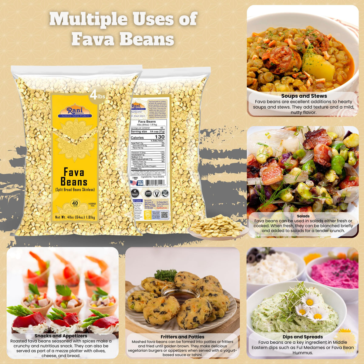 Rani Fava beans skinless bulk shown as protein-rich source for vegan dishes.