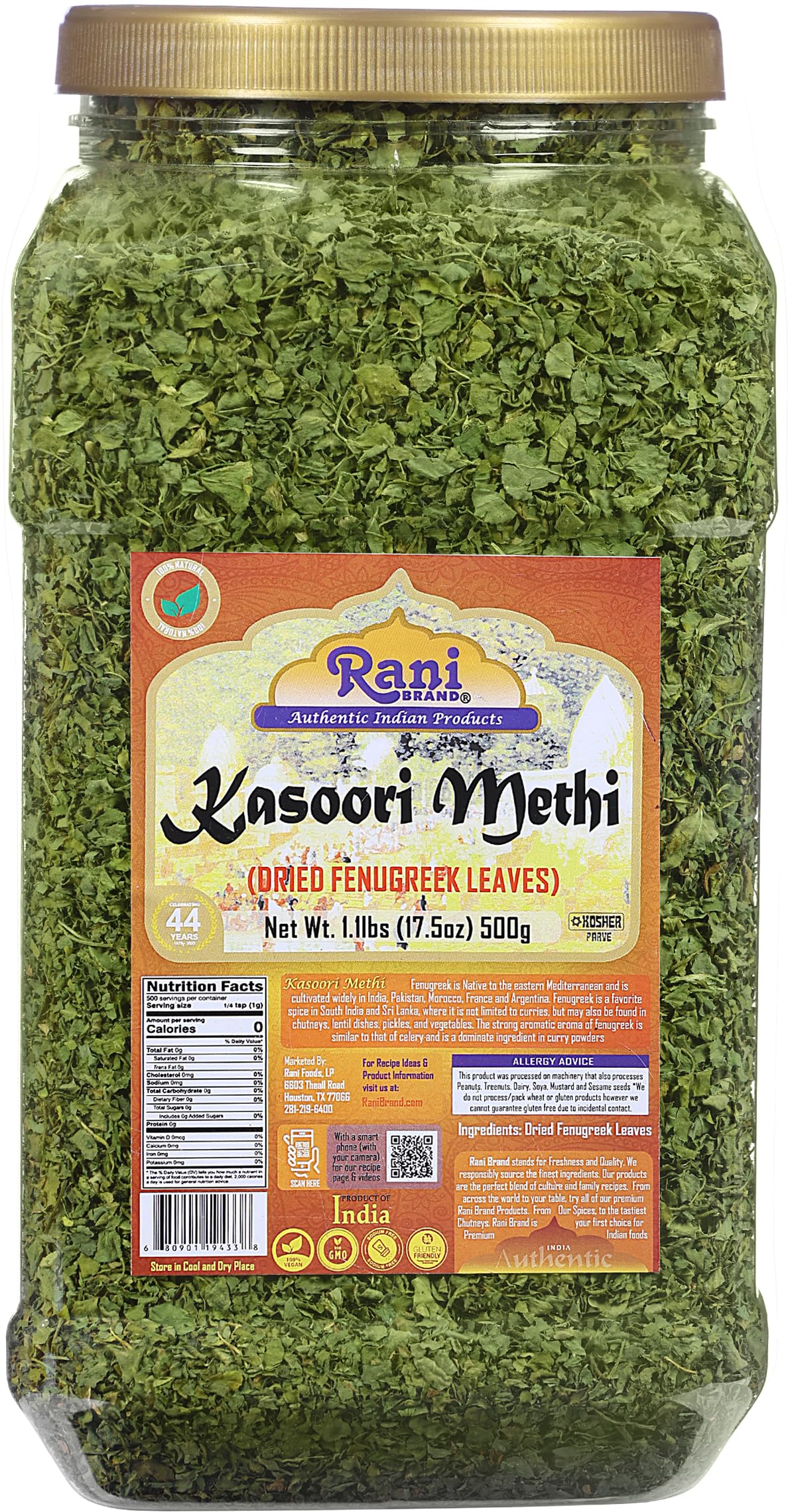 Rani fenugreek leaves in jar front view add authentic Kasoori Methi aroma to curries.