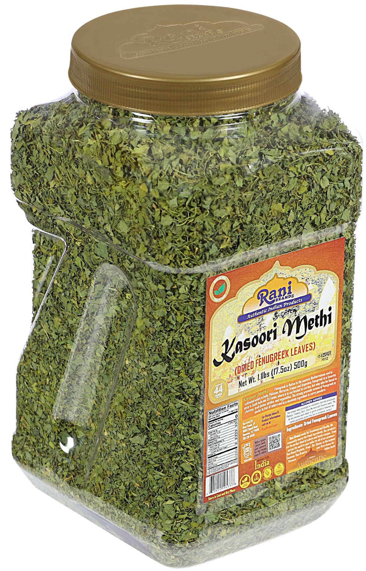 Spice rack featuring Rani Kasoori Methi as a pantry staple for Indian dishes.